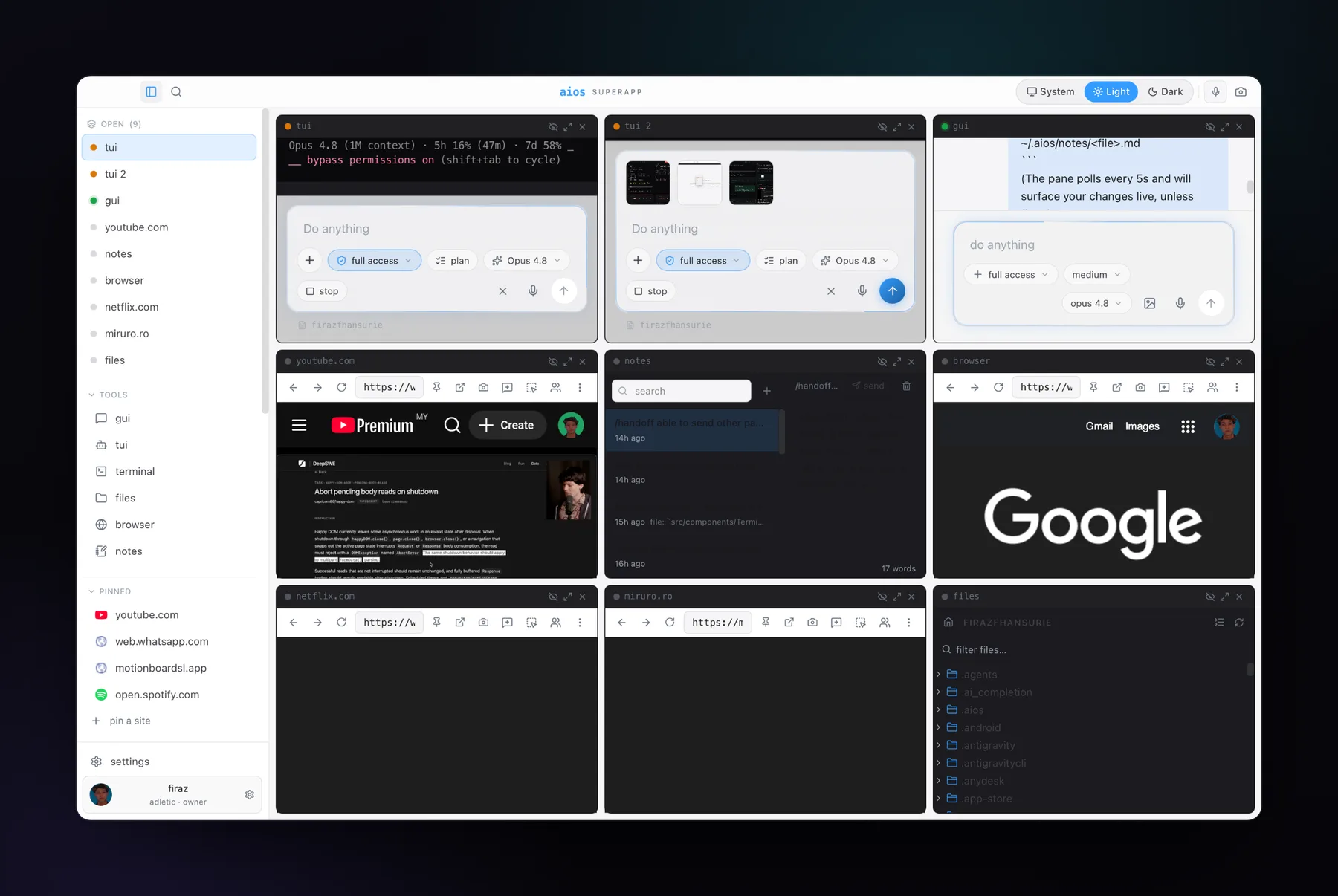 AIOS Superapp running multiple agent, browser, notes and file panes
