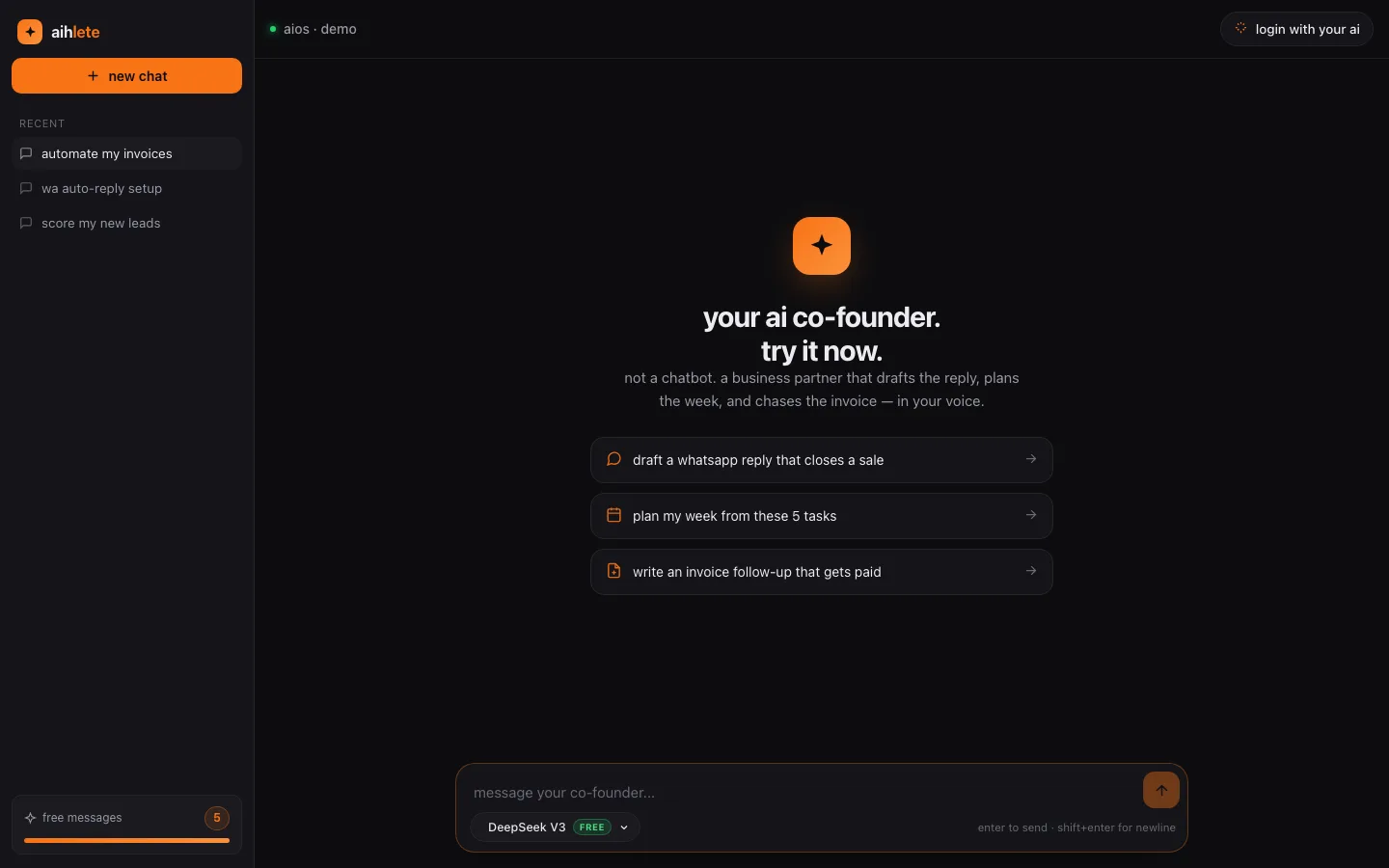 AIOS business co-founder interface with WhatsApp reply and invoice prompts