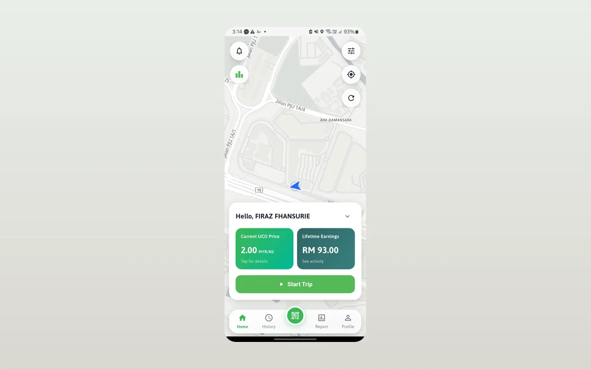 UCO collector mobile app home screen