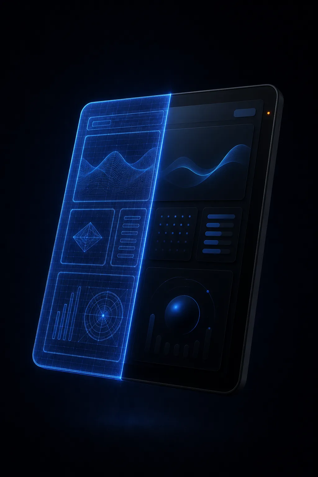 a wireframe sketch resolving into a finished device